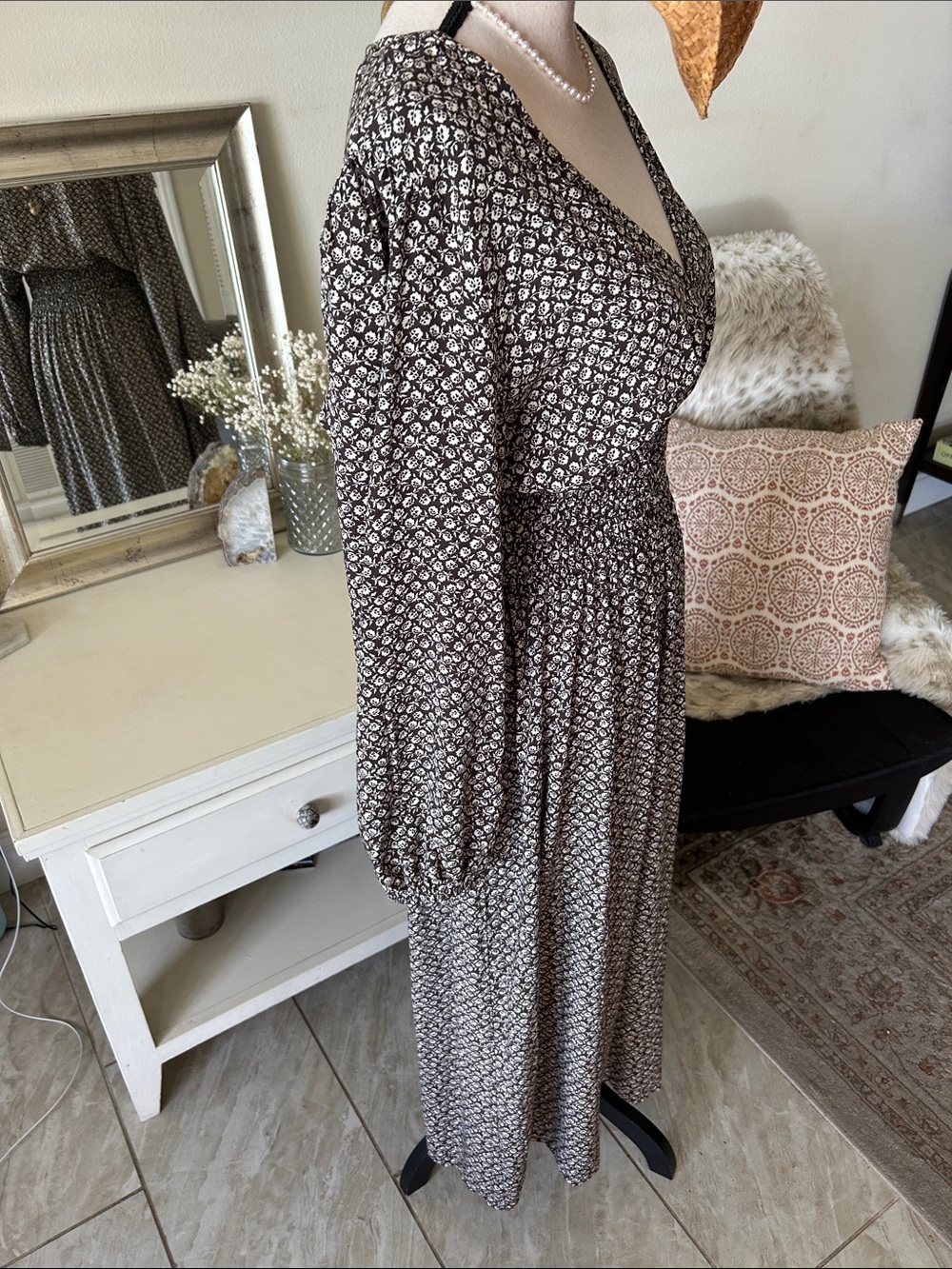 Gap V neck smocked waist brown floral cottage long balloon sleeve maxi dress L - Picture 8 of 13